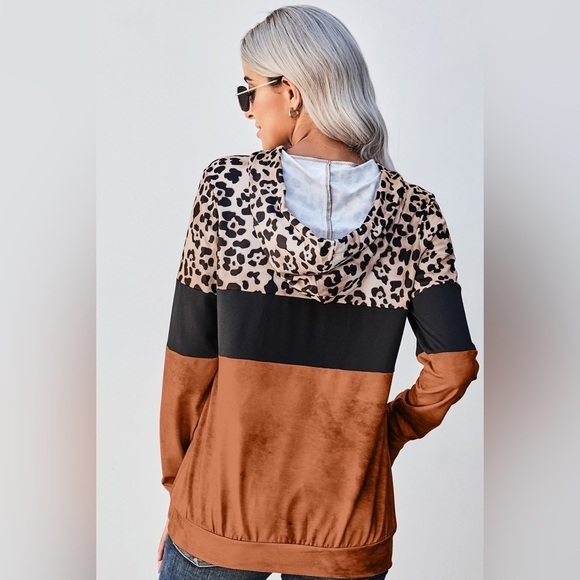 Leopard Print Hoodie - Contrast Color Block - Drawstring - Kangaroo Pockets - Picture 4 of 4